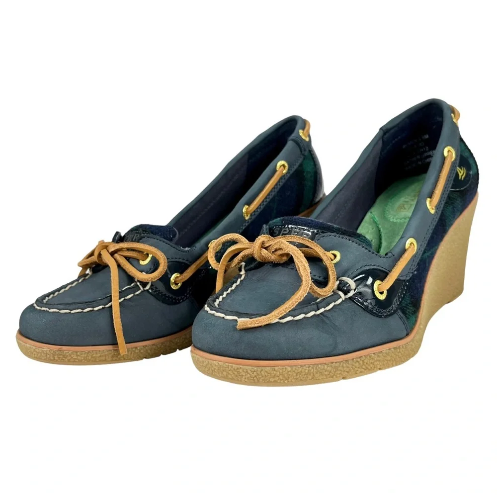 Sperry Top-Sider | Goldfish Navy & Green Plaid Wedge Heels Boat Shoes Women’s 6M
